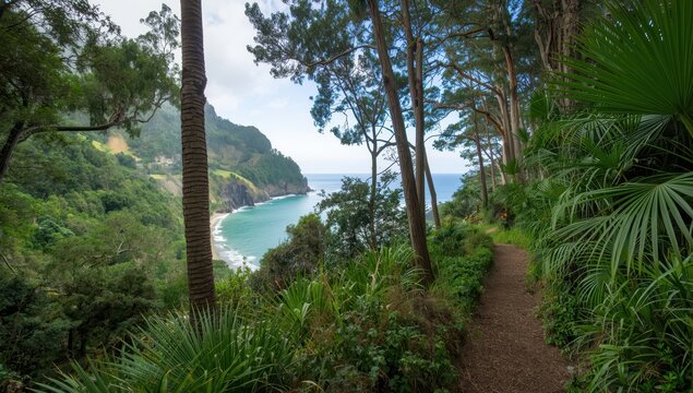 The Heaphy Track, a notable New Zealand Great Walk, traverses thick subtropical flora featuring nikau palms near Scotts Beach, located in Kahurangi National Park, Karamea, West Coast, South Island.