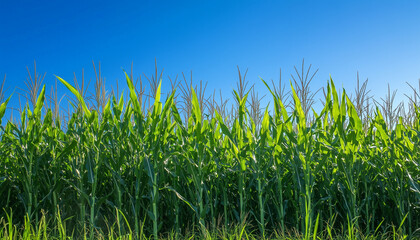 Obraz premium Green corn stalks grow tall in a sunny agricultural field under a clear blue sky. This healthy crop is ready for harvest, symbolizing nature and