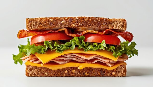 Cheddar cheese BLT sandwich on white background, design feature. Nutritious lunch with wholegrain bread, bacon, lettuce, tomato, cheese, and sauce.