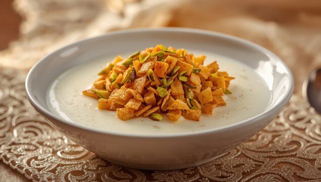 Custard pudding with crispy kadayif and chopped pistachio for Ramadan. Kadayifli Muhallebi.
