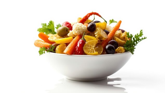 Assorted pickled vegetables, including carrots, lemons, cucumbers, olives, chili, and cauliflower in a white bowl against a white backdrop.