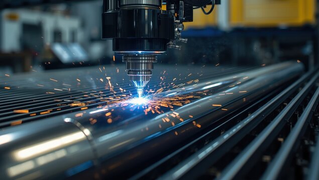 A detailed view of a fiber laser cutting machine slicing through a stainless steel tube, emitting bright sparks. Advanced technology in sheet metal fabrication.