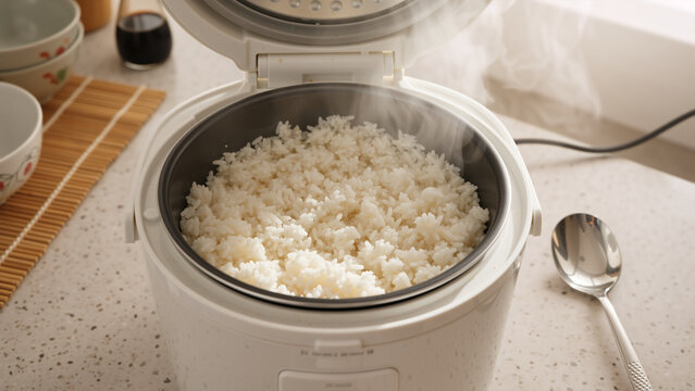 Open electric rice cooker with freshly steamed white rice. Hot fluffy rice in a kitchen appliance. Asian cuisine preparation concept