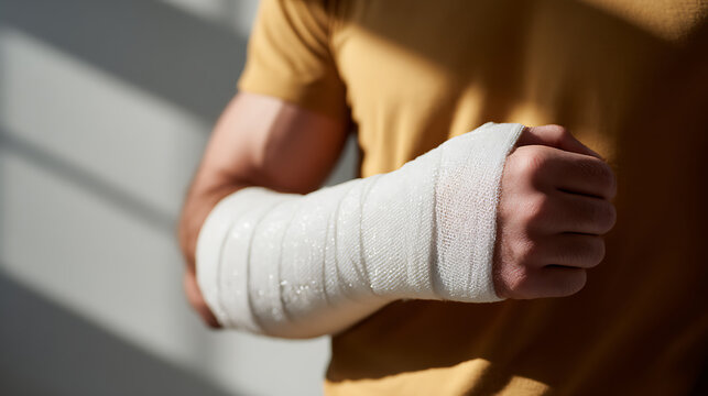 Man with injured arm in white plaster cast, showing recovery and medical support, concept of health, accident, and rehabilitation