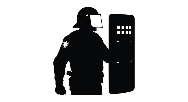 Riot police officer standing guard with shield a dark silhouette