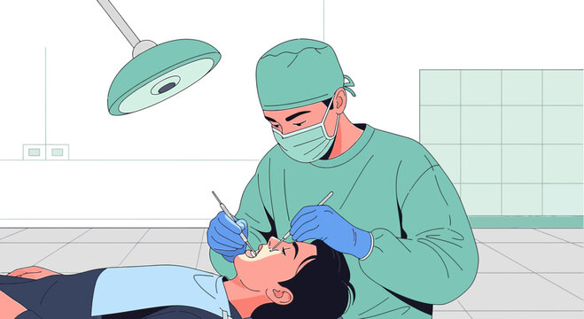 Dentist performing dental surgery on a patient under surgical lights in an operating room