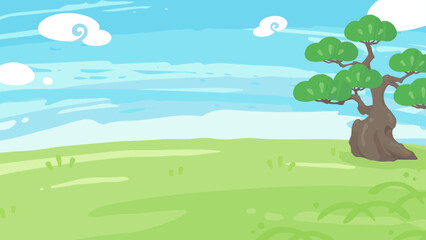 Obraz premium 松の木がある草原と空の背景イラスト_16:9