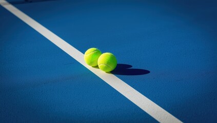 Naklejka premium two balls beside the lines on a blue padel court, viewed from above