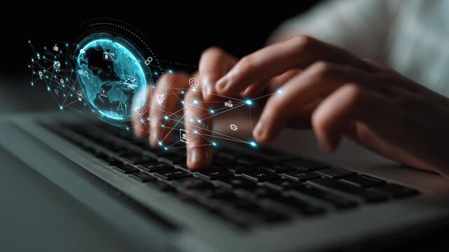 Global AI-powered digital network ecosystem connecting data, finance, analytics, ecommerce, communication, and automation across continents through technology and cloud Marrow