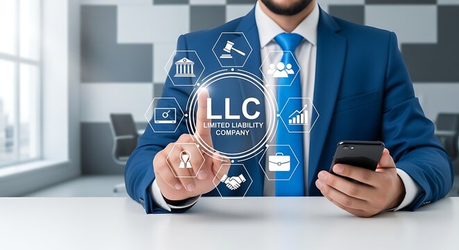 Businessman touching digital llc limited liability company interface for registration and legal structure management
