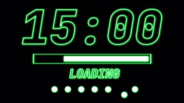 Neon Green Loading Screen Progress Bar with 20 Second Countdown Timer on Black Background. 4K Video