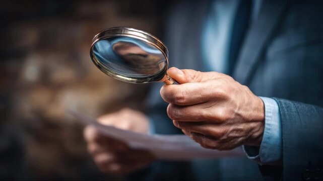A man in a suit holds a magnifying glass. Male detective or lawyer searching for information, business, bureau, justice, legal concepts