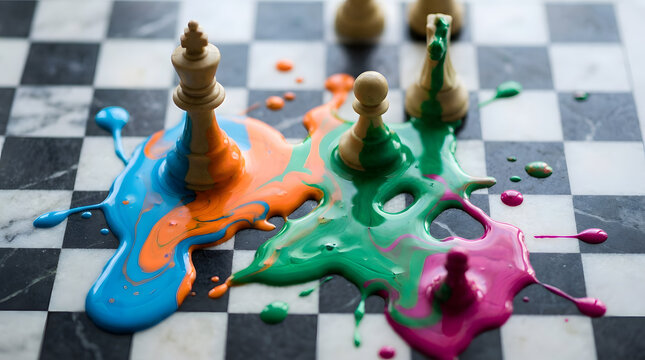 Creative strategy. Wooden chess pieces and pools of vibrant blue, orange, green, and purple paint on a marble chessboard. Abstract art metaphor for non-traditional thinking and breaking the rules