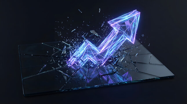 Conceptual visualization of business growth breaking barriers. Luminous blue and purple crystalline arrow breaking through shattered mirror surface in dark background. AI art.