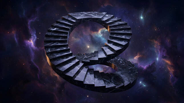 Majestic dark stone spiral staircase floating alone in vast cosmic nebula space. Endless path in dramatic multi-colored cosmos. AI generated mystic conceptual art.