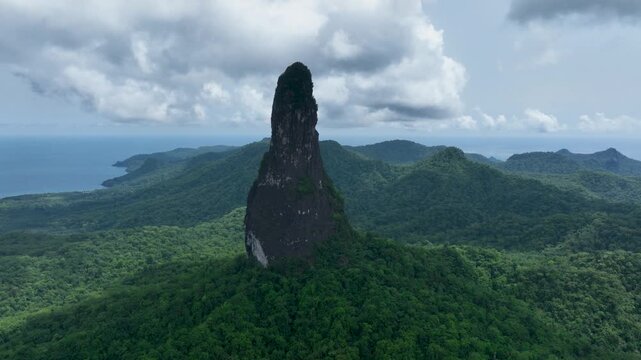 Pico C&atilde;o Grande, volcanic plug peak on S&atilde;o Tom&eacute; and Pr&iacute;ncipe, drone perspective