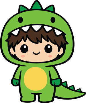 Cute Child in Green Dinosaur Hoodie Costume with Yellow Belly and Spikes, Kawaii Cartoon Character vector illustration
