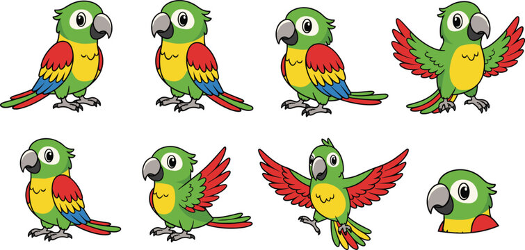 Cartoon Parrot Characters in Various Poses with Colorful Wings for Wildlife, Tropical, and Fun Designs
