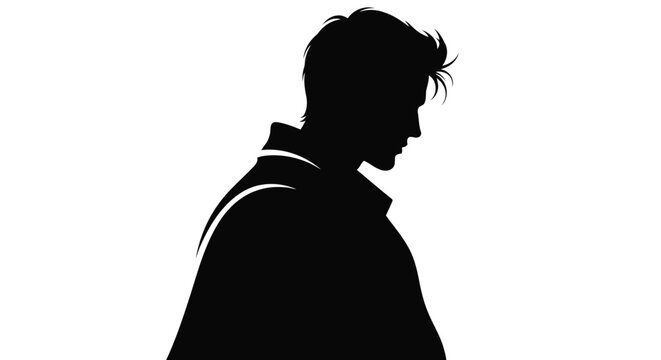 Black silhouette of a young man with short hair facing right isolated on white background