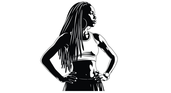 Silhouette of young woman with long dreadlocks standing confidently in sportswear isolated on white background