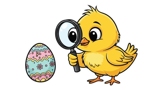 Yellow cartoon chick examines decorated Easter egg with magnifying glass, flat illustration isolated on white background
