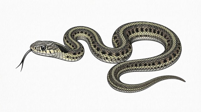 Detailed scientific illustration of a common garter snake with its tongue extended, showing intricate patterns.