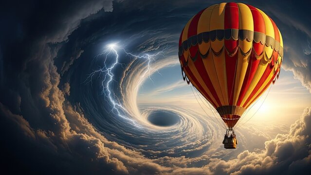 A hot air balloon flying through a stormy sky with lightning