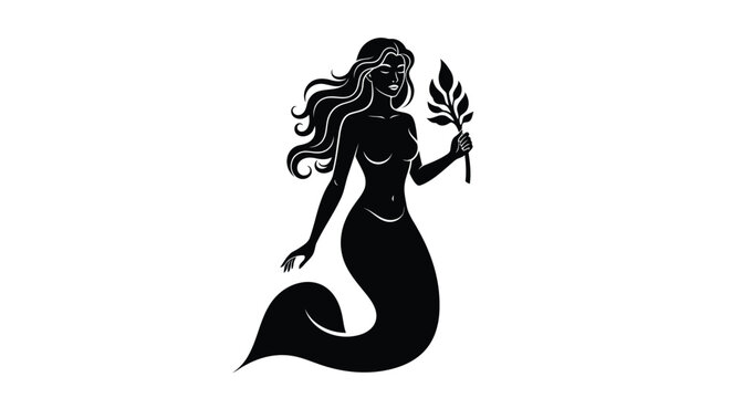 Black silhouette of a mermaid holding a leaf on a isolated on white background