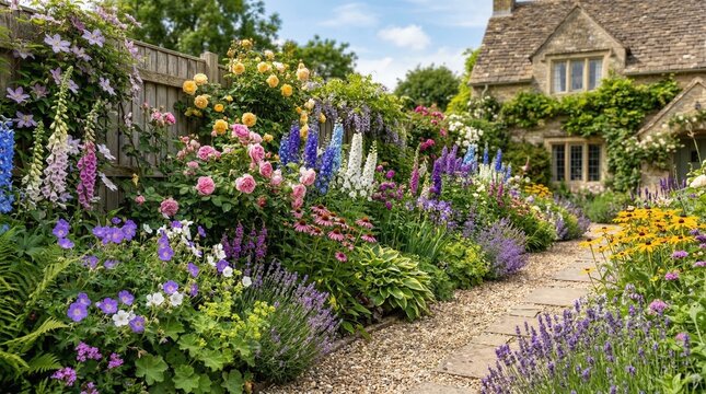 A picturesque English cottage garden path winding through an abundance of colorful summer flowers leading to a charming stone house.