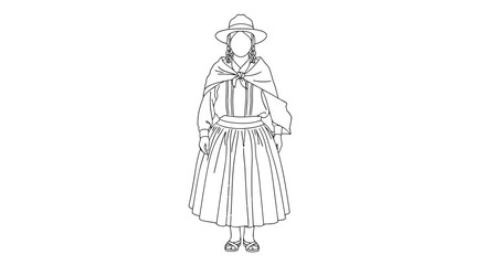 Fototapeta premium Woman wearing traditional dress and hat standing alone in flat line art style isolated on white background