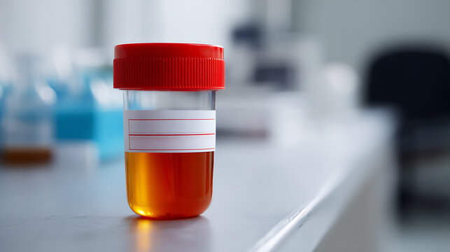Clear specimen container with reddish-yellow liquid and red cap on a laboratory surface, indicative of medical testing and analysis