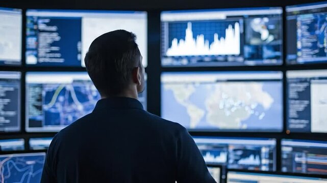 Male Cybersecurity Analyst Monitoring Network Security in High-Tech SOC Control Room