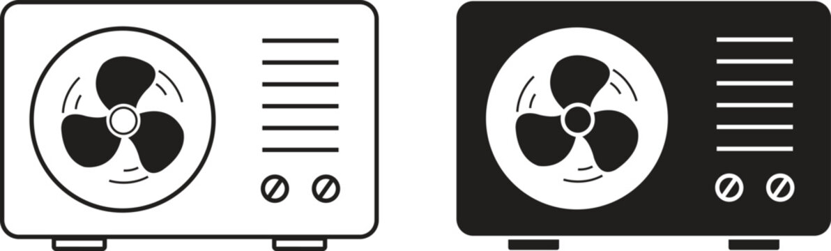 Air conditioning vector set collection with AC unit cooler fan ventilation icons, climate control cooling heating appliance symbol isolated outline silhouette design isolated on transparent background