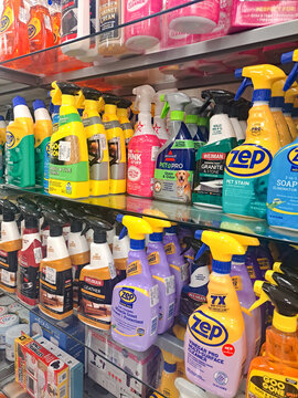 Household cleaners and sprays on supermarket aisle shelf Zep Weiman Pink Stuff Virginia United States
