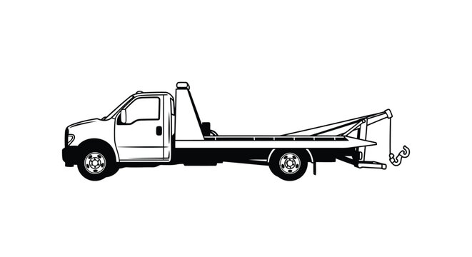 Flat illustration of a white flatbed tow truck silhouette isolated on white background