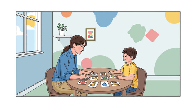 Teacher and child playing memory game with flashcards at table, learning and development