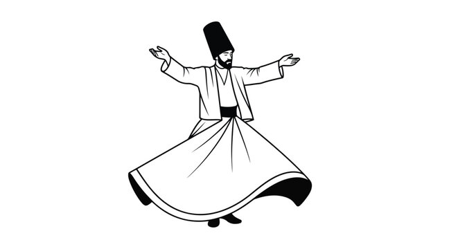 Whirling Dervish Man in Traditional Attire Performing Sufi Dance on Flat Illustration isolated on white background