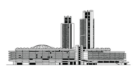 Naklejka premium Detailed architectural illustration of a modern cityscape with skyscrapers and a large building complex on a isolated on white background
