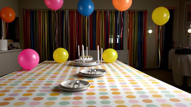 Party tablecloth with polka dots flat lay for celebration