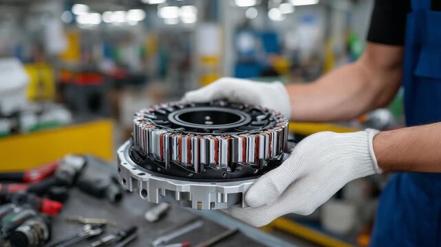 196Macro shot of brushless electric motor components, rotor with embedded magnets, stator coils clearly visible, gloved hands inspecting assembly, workshop tools softly blurred in bac