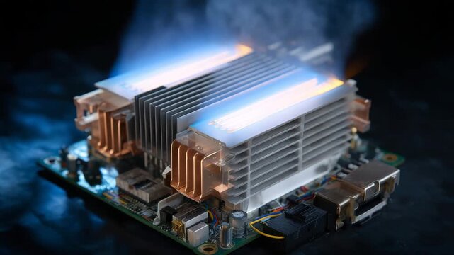 200Close-up of a thermoelectric generator (TEG) module highlighting hot and cold sides, copper plates glowing warm on hot side, cool aluminum on cold side, subtle heat shimmer and vis