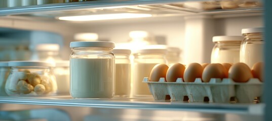 Obraz premium Modern Open Refrigerator Showing Neatly Organized High Protein Foods in Clear Jars and Containers