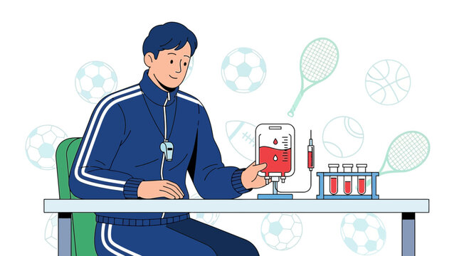 Sports coach with blood bag and test tubes, doping concept