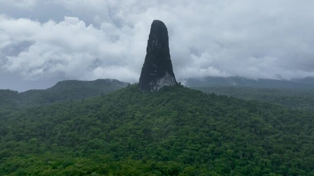 Pico C&atilde;o Grande, volcanic plug peak on S&atilde;o Tom&eacute; and Pr&iacute;ncipe, drone perspective