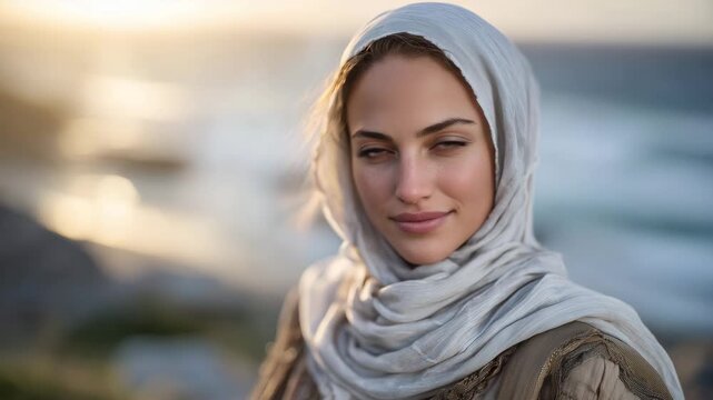 233Hyper-realistic front view portrait of a woman in hijab, sunset casting warm glow and soft lens flare, ocean waves reflecting golden light, serene expression with subtle smile, cin