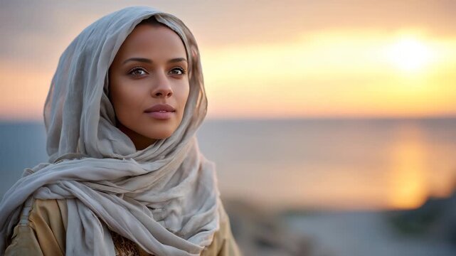234Ultra-detailed cinematic shot of a woman in hijab facing the sea at sunset, soft backlighting outlining hijab folds, calm expression, horizon glowing in warm tones, reflective wate