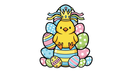 Obraz premium A yellow chick wearing a crown sits on a pile of colorful Easter eggs in a flat illustration isolated on white background