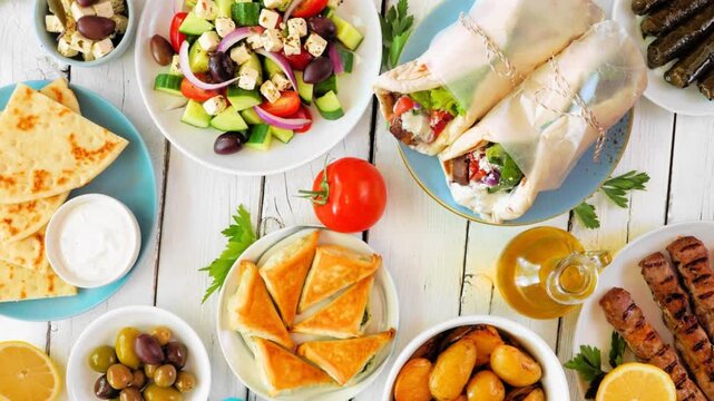 Greek food table scene, above view on a white wood background. Slow rotating zoom motion. Gyros wraps, souvlaki, salad, spanakopita, dolmades, pita and lemon potatoes.