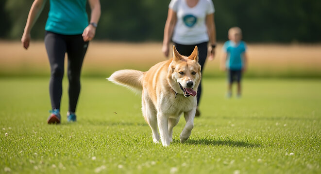 Energetic Canine Companion in Action: A happy dog bounds joyfully across a grassy field, closely followed by its owners, embodying the pure essence of outdoor play and companionship.