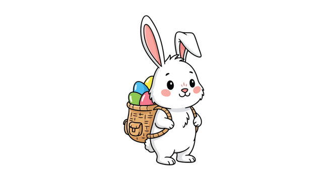 White bunny holding basket of colorful Easter eggs on , flat illustration isolated on white background
